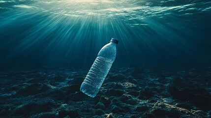 Naklejka premium A single plastic water bottle submerged underwater, illuminated by dramatic sunlight rays piercing through the ocean's surface, highlighting the issue of marine pollution
