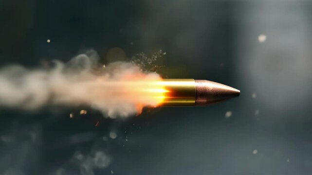 High-speed bullet in motion with explosive smoke and sparks against dark background AI