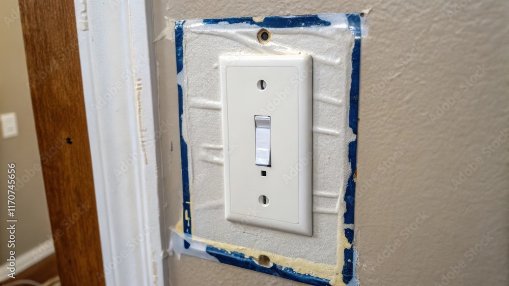 Poster a closeup of a light switch plate area where the drywall has been newly taped and prepped with caref