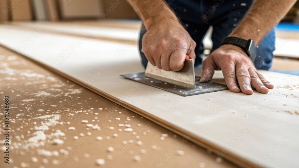 Poster a closeup of an artisans hands meticulously spreading subfloor adhesive across a sheet of plywood wi