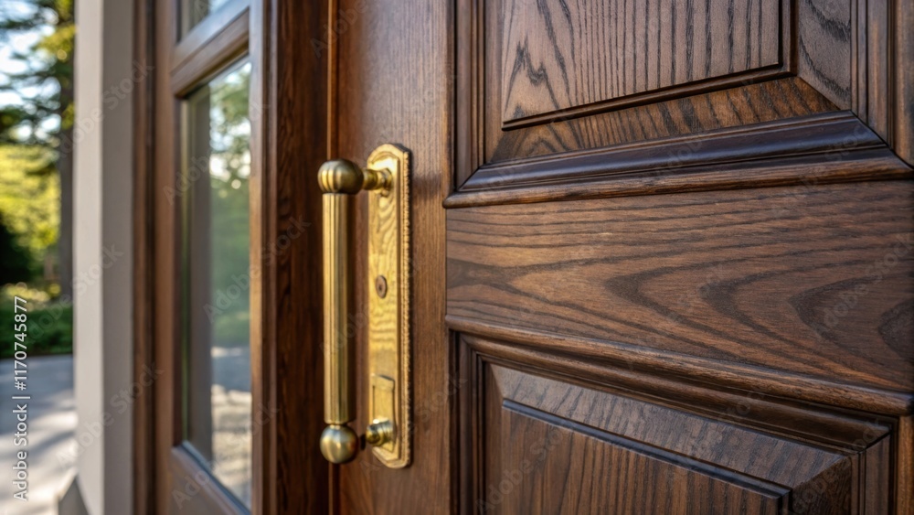 Poster a closeup of a single storm door panel features a rich dark wood grain texture that exudes warmth an