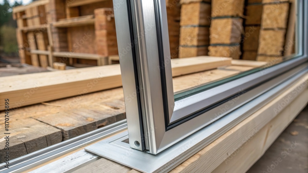 Poster a closeup of a sleek aluminum window frame resting against a backdrop of construction materials such