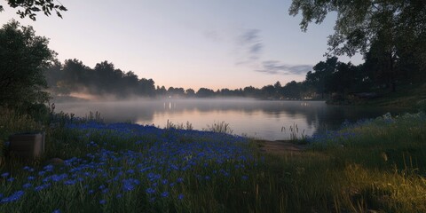 Fototapeta premium Serene lakeside view at dawn with mist and blooming flowers.