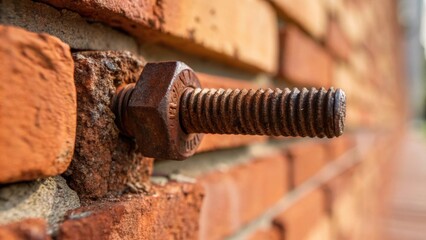 A closeup of a rusty metal s securing the bricks together bringing a touch of industrial elegance to the renovation concept. The textures of the rust against the smoothness of the