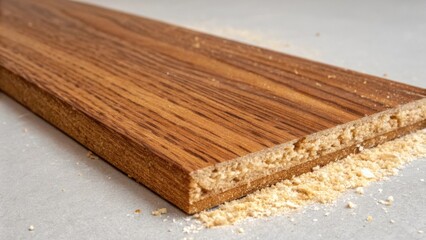 Fototapeta premium A closeup of a single textured wooden plank with rich honeycolored grains the edges slightly rough and surrounded by a delicate halo of fresh sawdust emphasizing its natural