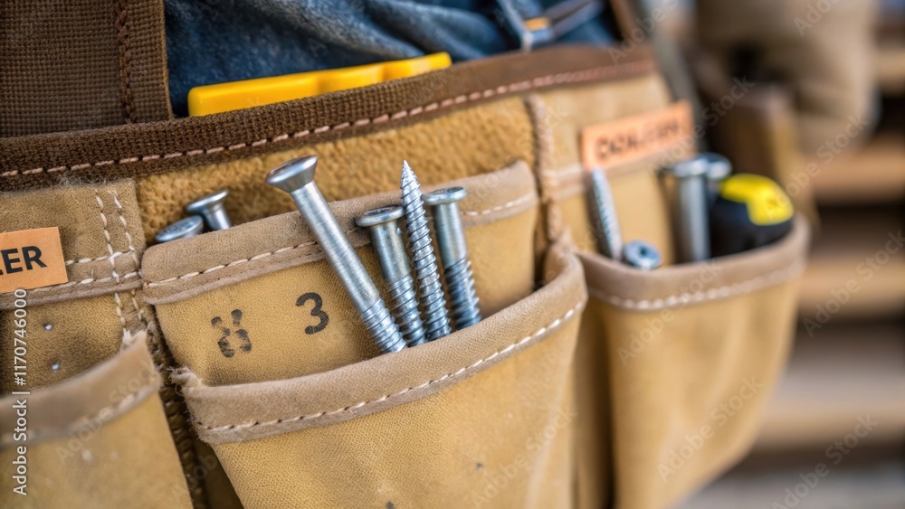 Poster a closeup of a tool belt filled with labeled pouches containing screws with a few screws popping out