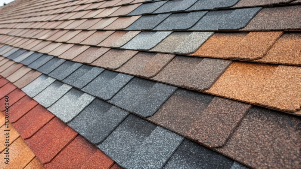 Poster A closeup of a vibrant selection of asphalt shingles arranged by color gradient from deep charcoal to lighter shades of gray and brown. The textures vary slightly revealing the
