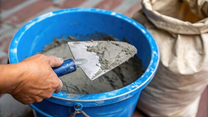 A closeup of a weathered hand gripping a trowel smeared with gray mortar poised above a vibrant blue mixing bucket overflowing with freshly mixed cement. A cement bag lies on its