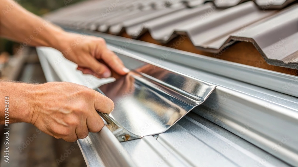 Poster a closeup of hands carefully preparing to an aluminum rain gutter the focus on the shiny blade of th