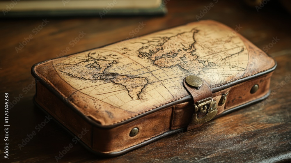 Poster crafted vintage map case resting on a wooden table filled with stories from travels and adventures w