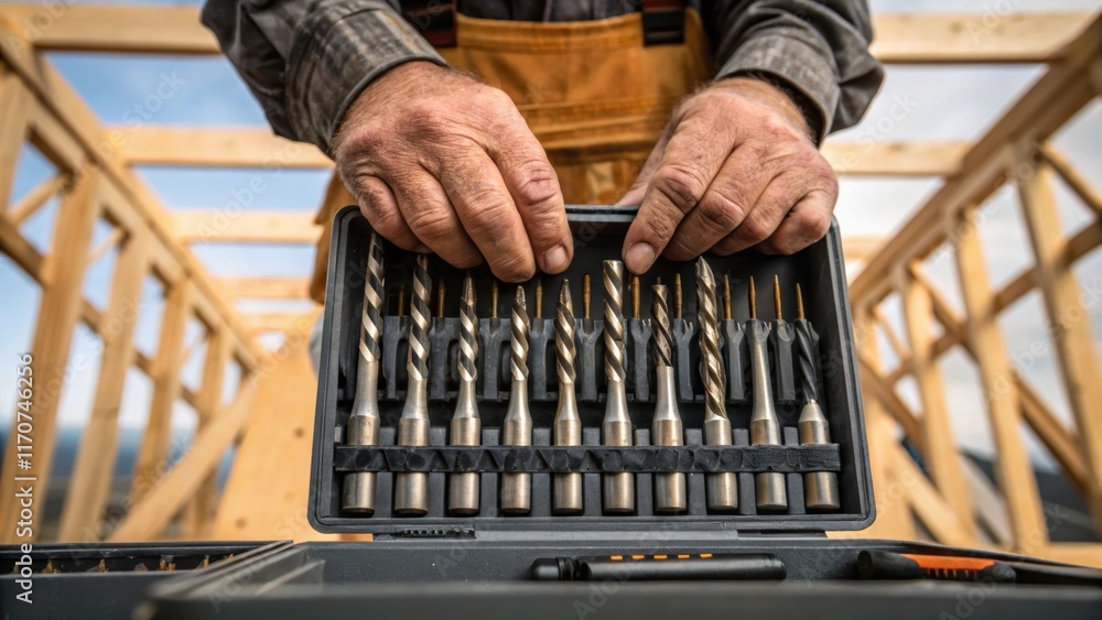 Fototapete A closeup of hands organizing drill bits into a sy metal toolbox revealing worn fingers and a mix of old and new tools. In the background the skeletal structure of new wood framing