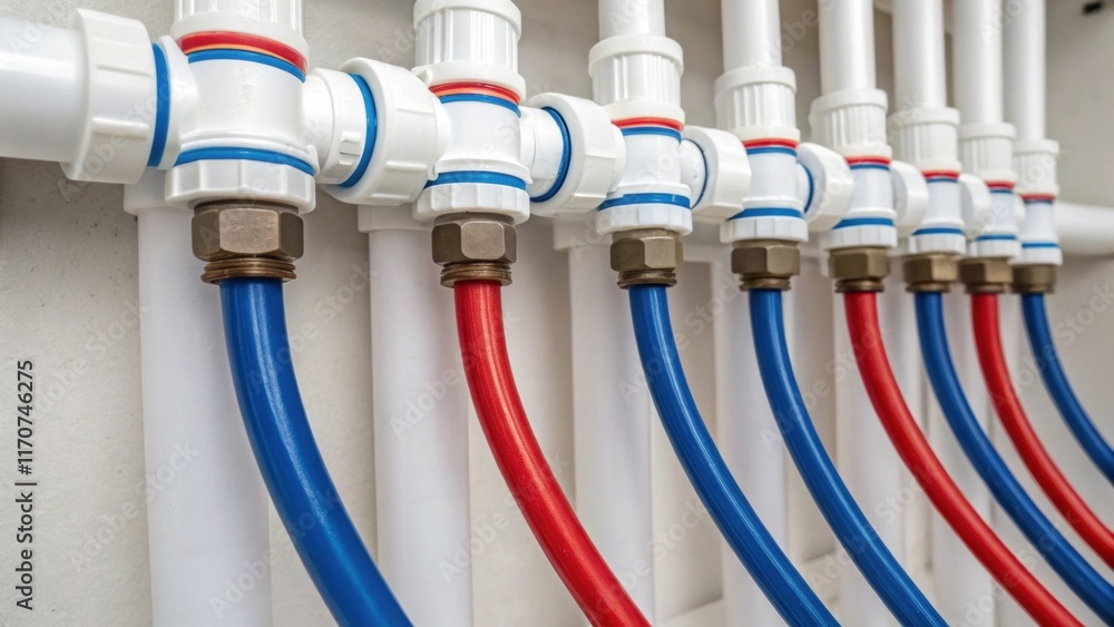 Poster A closeup of multiple PEX pipe connections demonstrating a series of neatly crimped joints. Each joint is perfectly aligned showcasing the effective seal achieved through proper