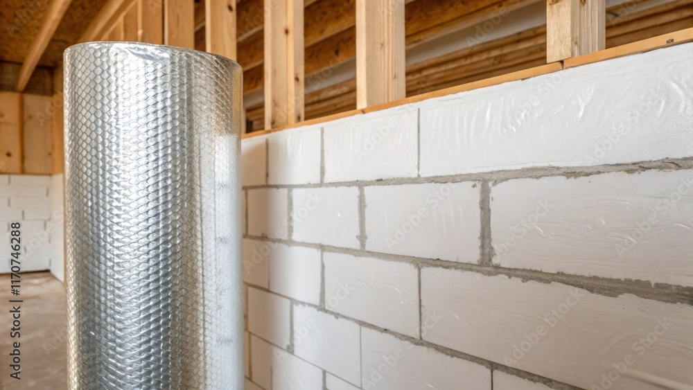 Poster A closeup of radiant barrier insulation against a backdrop of unfinished drywall highlighting the transition between raw construction and energyefficient completion. The