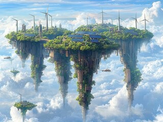 A serene mountain village of the future, powered by glowing renewable energy systems. The scene features advanced wind turbines, solar-paneled rooftops, and robotic vehicles delivering supplies 