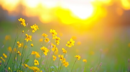 Fototapeta premium Abstract soft focus sunset field landscape of yellow flowers and grass meadow warm golden hour sunset sunrise time. Tranquil spring summer nature closeup and blurred forest background. Idyllic nature