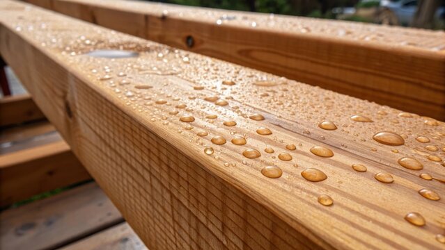 A closeup of LVL beams being treated with a protective finish droplets of varnish glistening on the surface. The photograph highlights the care taken in preserving the beams