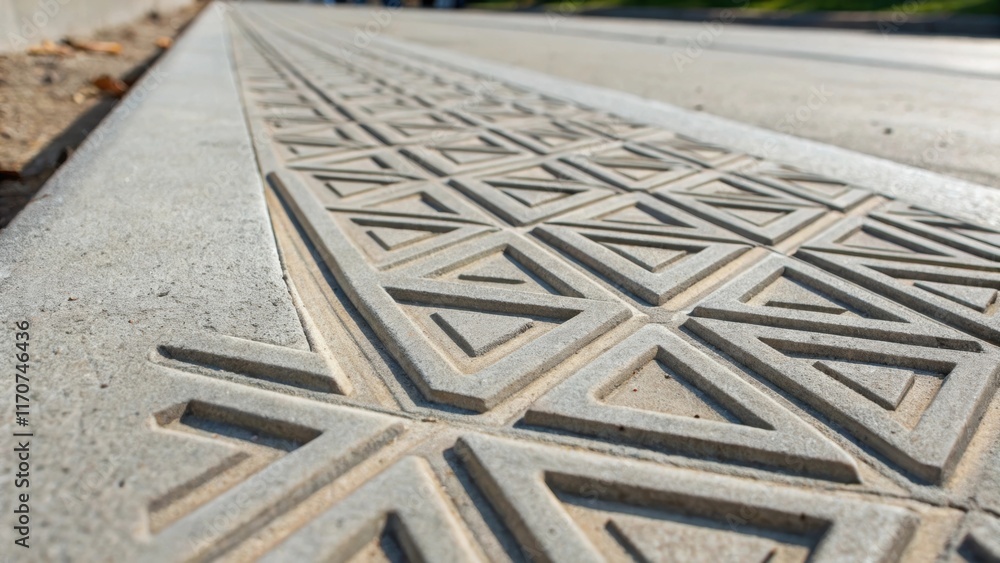 Poster a closeup of the decorative grooves in the concrete slab highlights a rhythmic repetition of geometr
