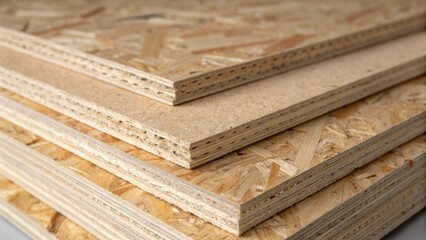 A closeup of the edges of the OSB boards where the layers are exposed and show the intricate layering of wood strands. Tiny flecks of adhesive are visible emphasizing the