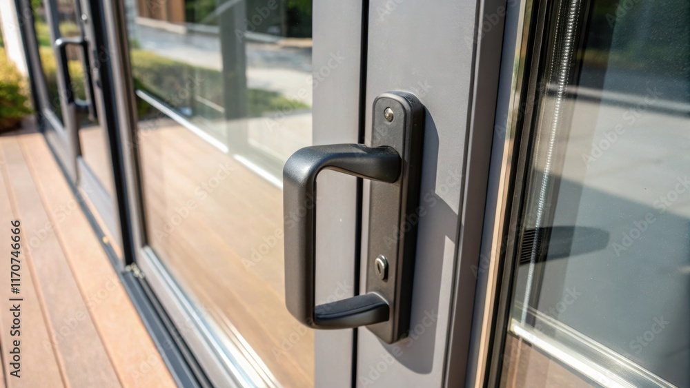 Aufkleber A closeup of the modern handle design on a prefabricated sliding glass door displays its ergonomic form and matte finish. Fingerprints on the glass hint at frequent handling while