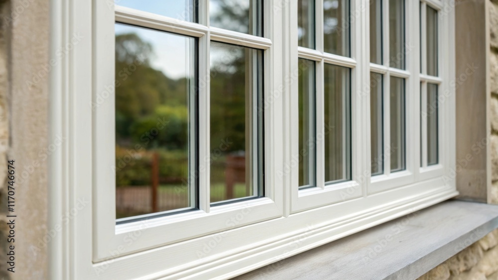 Poster A closeup of the muntin bars within a multipane energyefficient window painted in a soft white. The traditional design contrasts with the advanced glazing technology depicting a