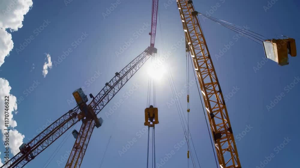 Aufkleber construction progress at large building site with cranes and materials in motion