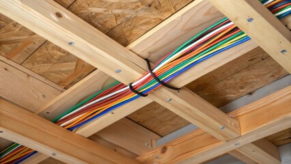 A closeup on a section of ceiling where the joists meet showing a tangle of colorful wires deftly secured with electrical tape. The natural wood grain of the joists stands in