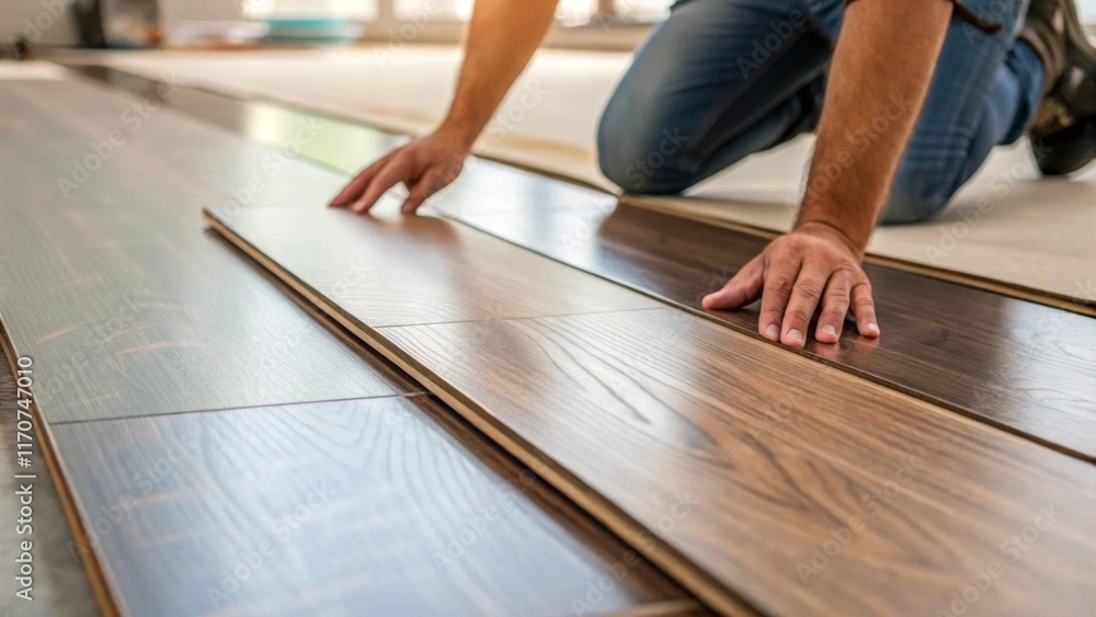 Poster a closeup perspective of laminate flooring being laid down with a workers hands deftly placing the n