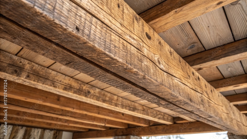 Poster a closeup perspective emphasizes the textures of the roughhewn joists where aged wood meets meticulo