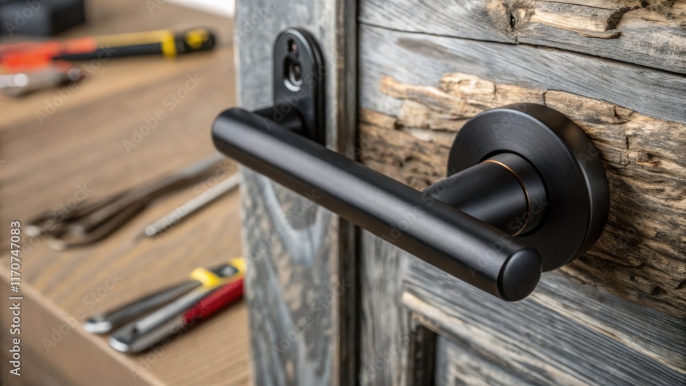 Poster A closeup reveals a sleek matte black door handle set against a background of rugged weathered wood grain. The smooth finish of the handle reflects the soft glow of ambient light