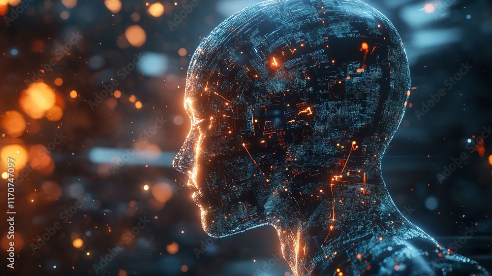 Poster digital human head artificial intelligence network data ai 3d glow blue dark neon tech code model