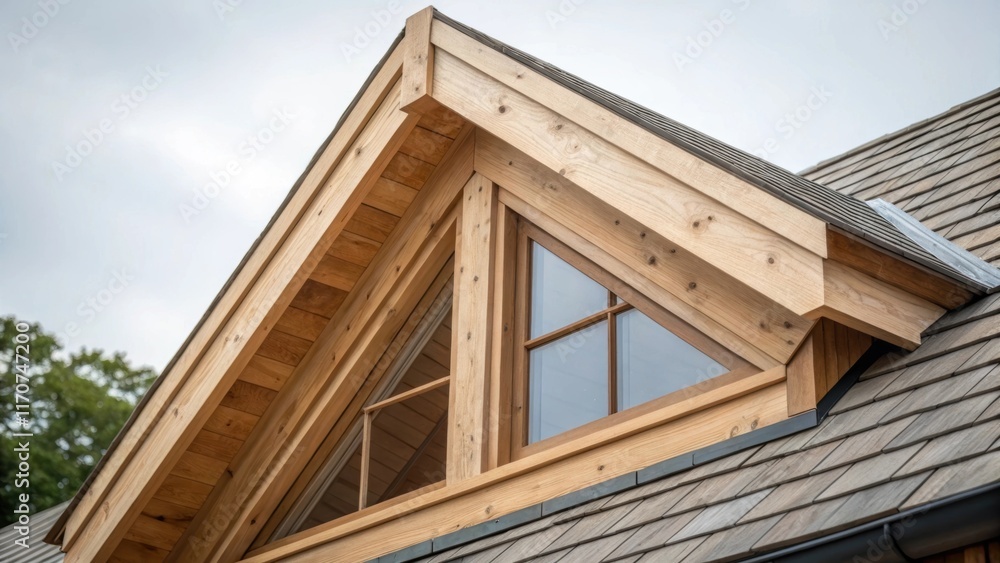 Poster a closeup reveals the junction between a dormer window frame and the roof trusses where the raw text