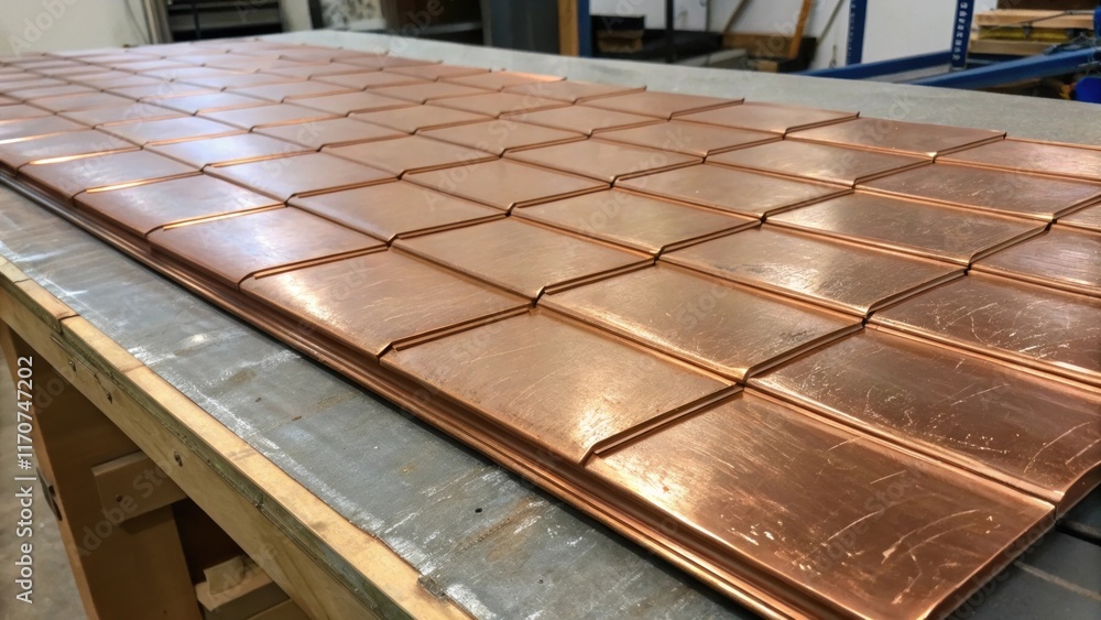 Poster a closeup reveals the intricate texture of copper roofing panels with distinct patterns and delicate