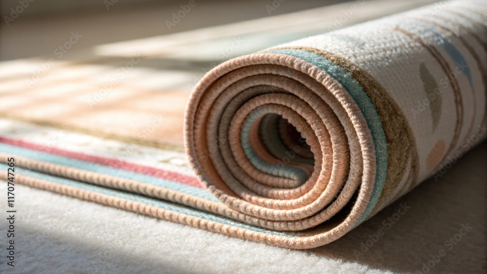 Aufkleber A closeup shot capturing the subtle variations in color and texture on the surface of a rolled carpet with shadows creating depth in the fabric. The padding layers are visible