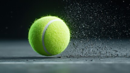 A vibrant green tennis ball bounces on a court, leaving a trail of dust, capturing the essence of dynamic sports action.