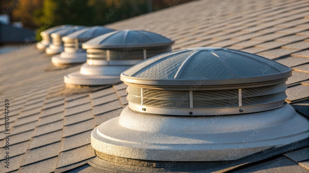 Poster A closeup shot reveals a stack of circular roof vent caps each with a textured finish that contrasts with the smooth edges. The sunlight catches the subtle curves and angles