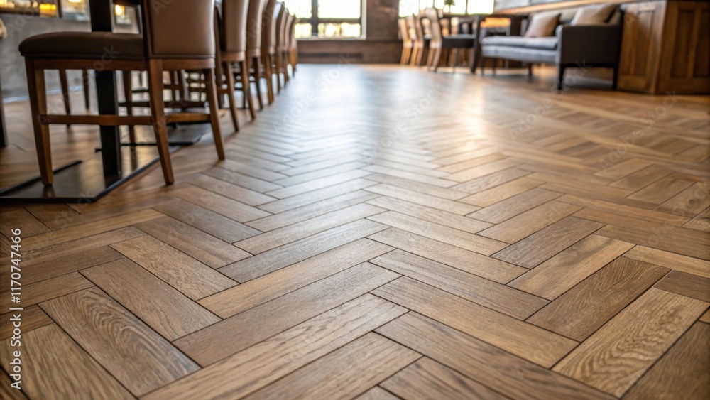 Poster A closeup shot of the dining area floor captures the dynamic motion of the herringbone pattern each plank fitting snugly against its neighbor. Natural light spills in from above