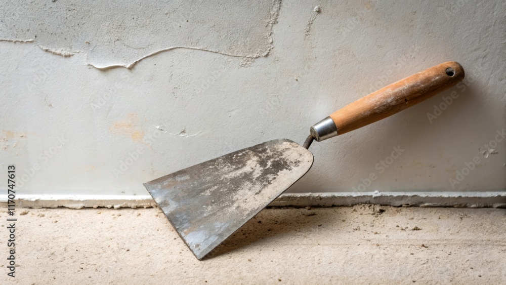 Poster a closeup view of a trowel resting against a seamless stretch of drywall reveals the fine texture of