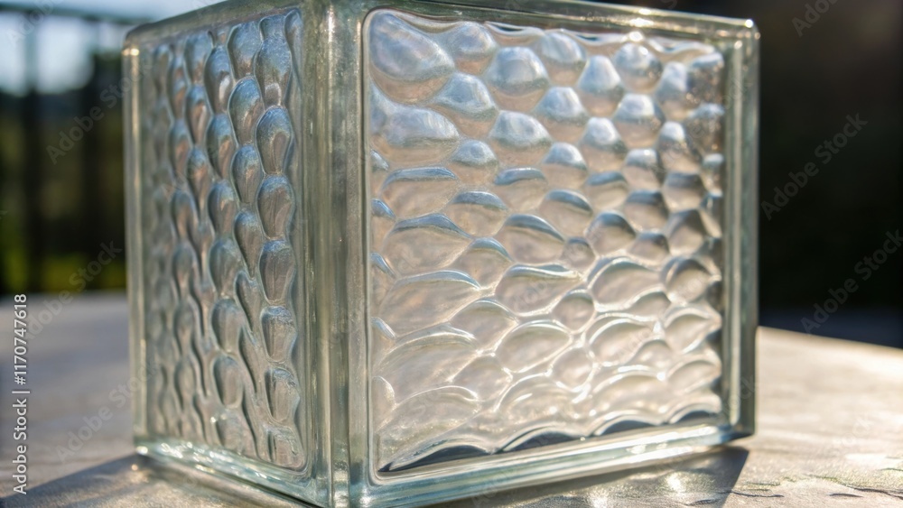 Fototapete A closeup view of a clear glass block showcasing intricate textures and ripples that create a captivating visual distortion. The subtle variations in tint reveal the blocks