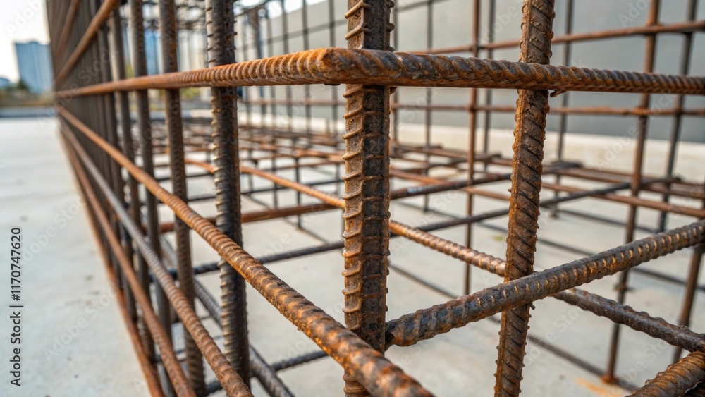 Aufkleber A closeup view of a single rebar cage the intricate lattice of steel creating a pattern reminiscent of a modern art sculpture. The rough rusted texture contrasts dramatically with