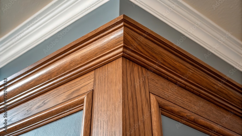 Aufkleber A closeup view of a corner where several trim pieces meet demonstrating the precise angles and intricate miter s. The woods warm tones contrast beautifully with the contrasting