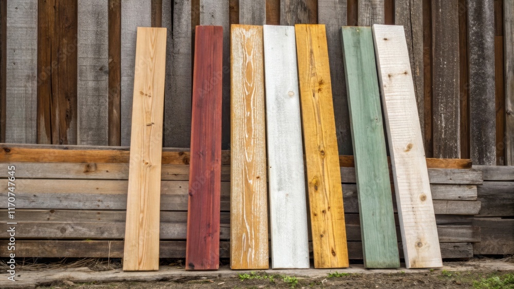 Poster a closeup view of several trim boards stacked upright against a weathered barn their pristine edges 