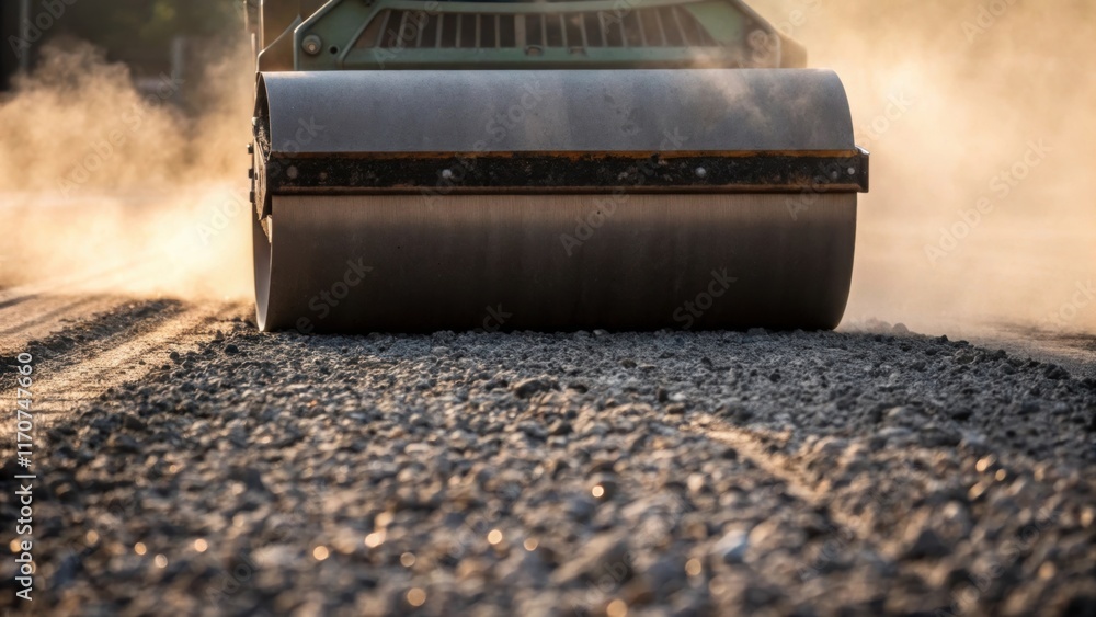 Poster A closeup view of the compacting process with a heavy roller resting on a freshly spread layer of crushed stone aggregate. The texture of the stones has changed slightly due to the