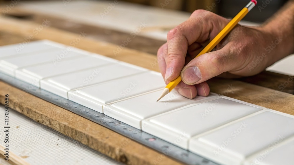 Poster A closeup view of a hand carefully measuring and marking a tile sheet with a pencil. The smooth white surface contrasts with the rough texture of the ting board beneath