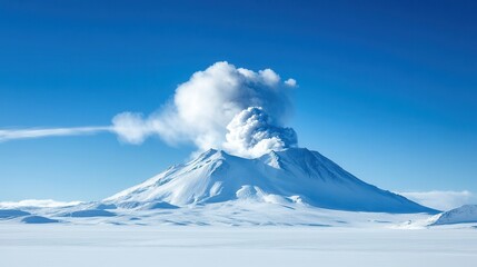 Erupting Volcano in Snowy Landscape Dramatic Winter Scene with Ash Plume and Clear Blue Sky