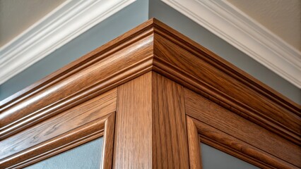A closeup view of a corner where several trim pieces meet demonstrating the precise angles and intricate miter s. The woods warm tones contrast beautifully with the contrasting