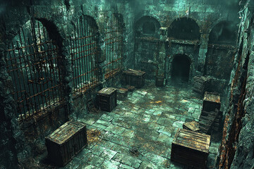Dark, eerie abandoned dungeon with crates, bars, and arches.