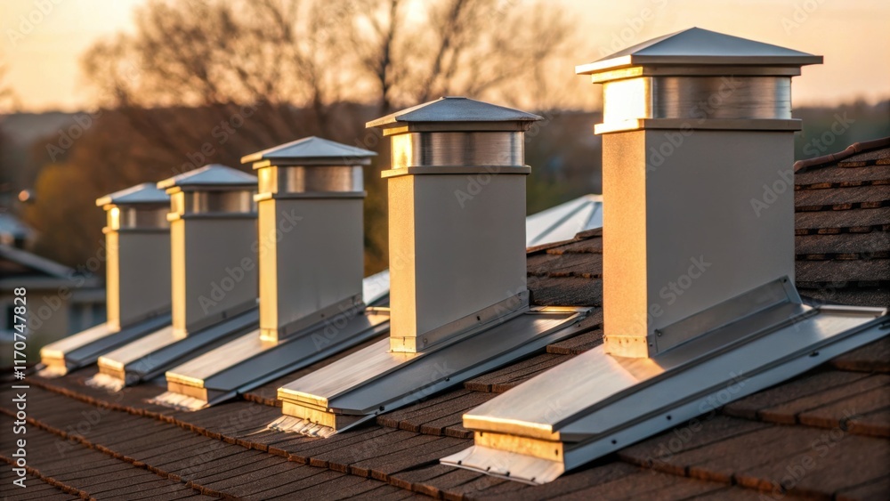 Fototapete a closeup view reveals various chimney flashing sections their reflective surfaces glistening under 
