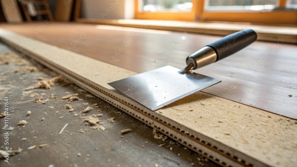 Poster A close view of a trowel with its edge resting on a thick bead of subfloor adhesive the light reflecting off its metallic surface as it balances precariously over a newly laid