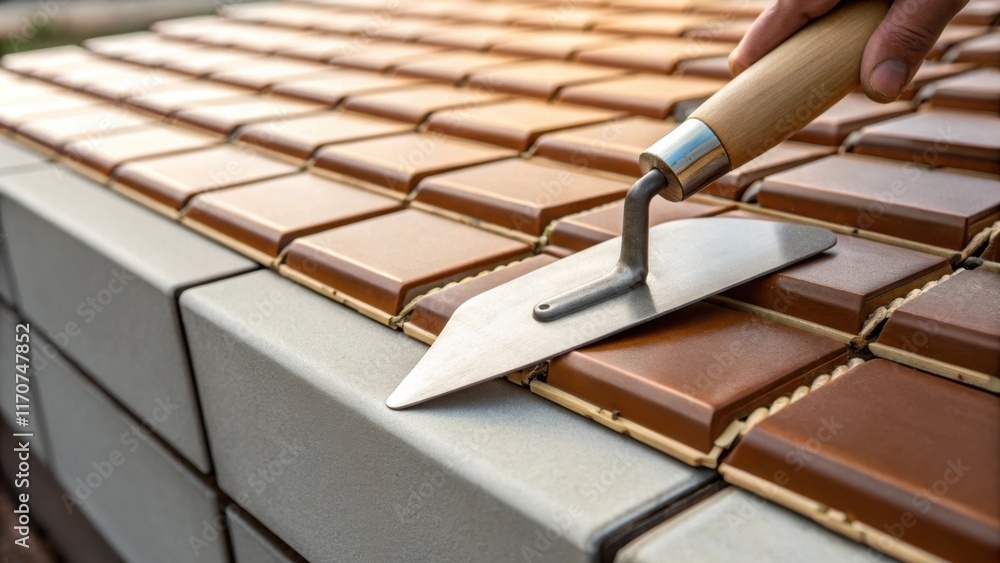 Poster A close view of a trowel gently pressing down on a row of pre tile spacers nestled between richly ed tiles. The gleam of the tiles reflects light while the spacers maintain a