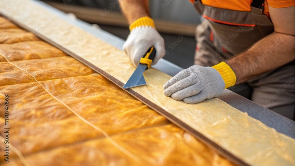 Poster A close view of a technicians hands t heatresistant insulation with a sharp blade focusing on the precise being made. The rich texture of the insulation material is captured as
